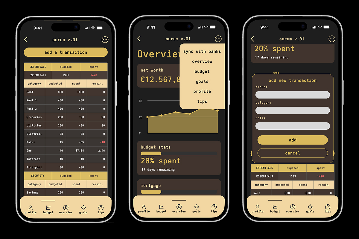 Aurum mobile interface screens
