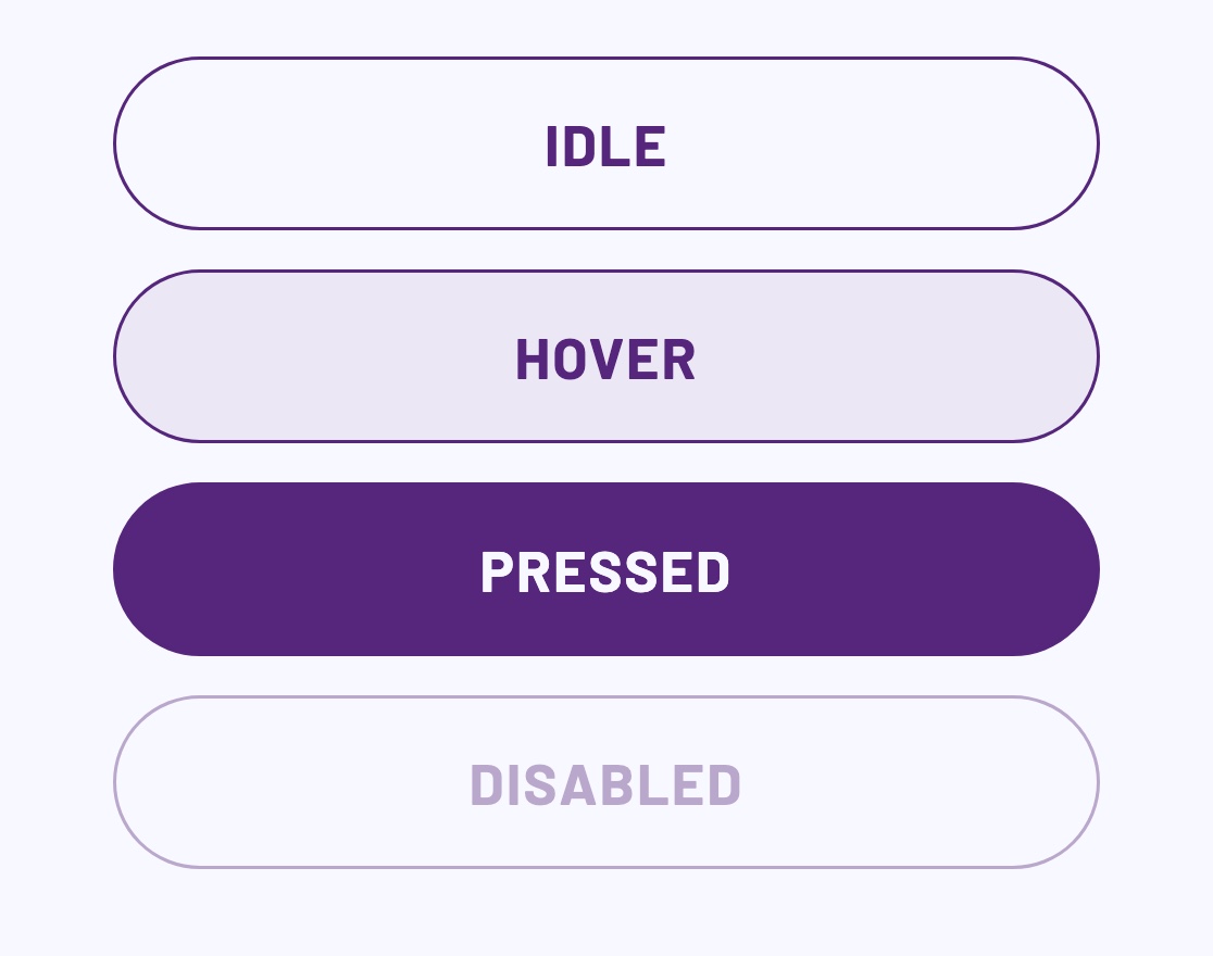 Control button built from the tokens: idle, hover, pressed and disabled states