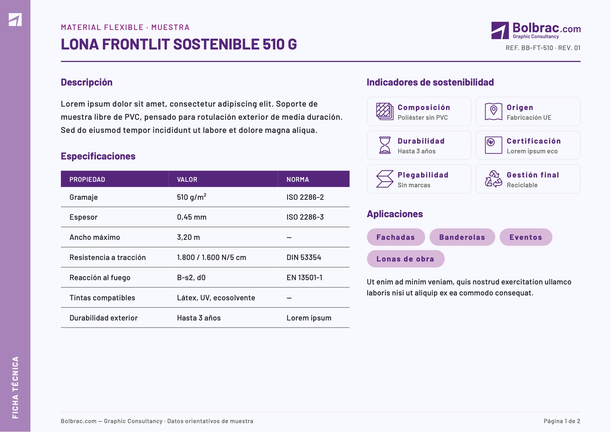 Sample technical data sheet generated with the system (placeholder data)