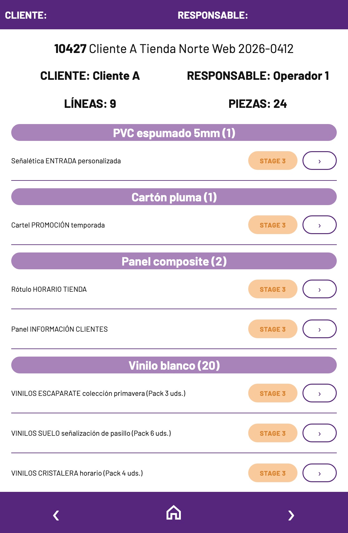 Logistics Control order list grouped by material (invented data)