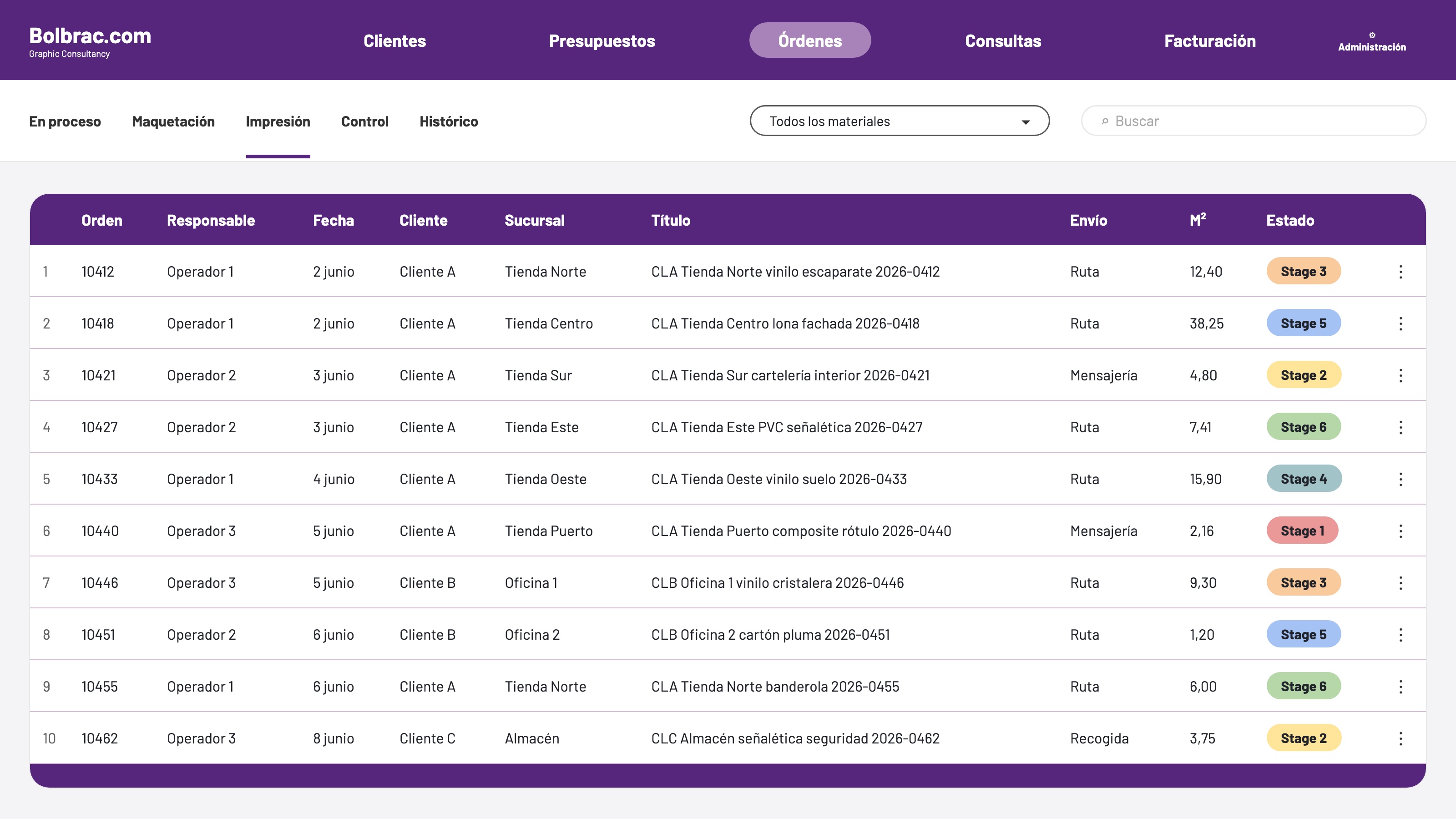 Order manager on the design system: the same orders, readable layout and stage chips (invented data)