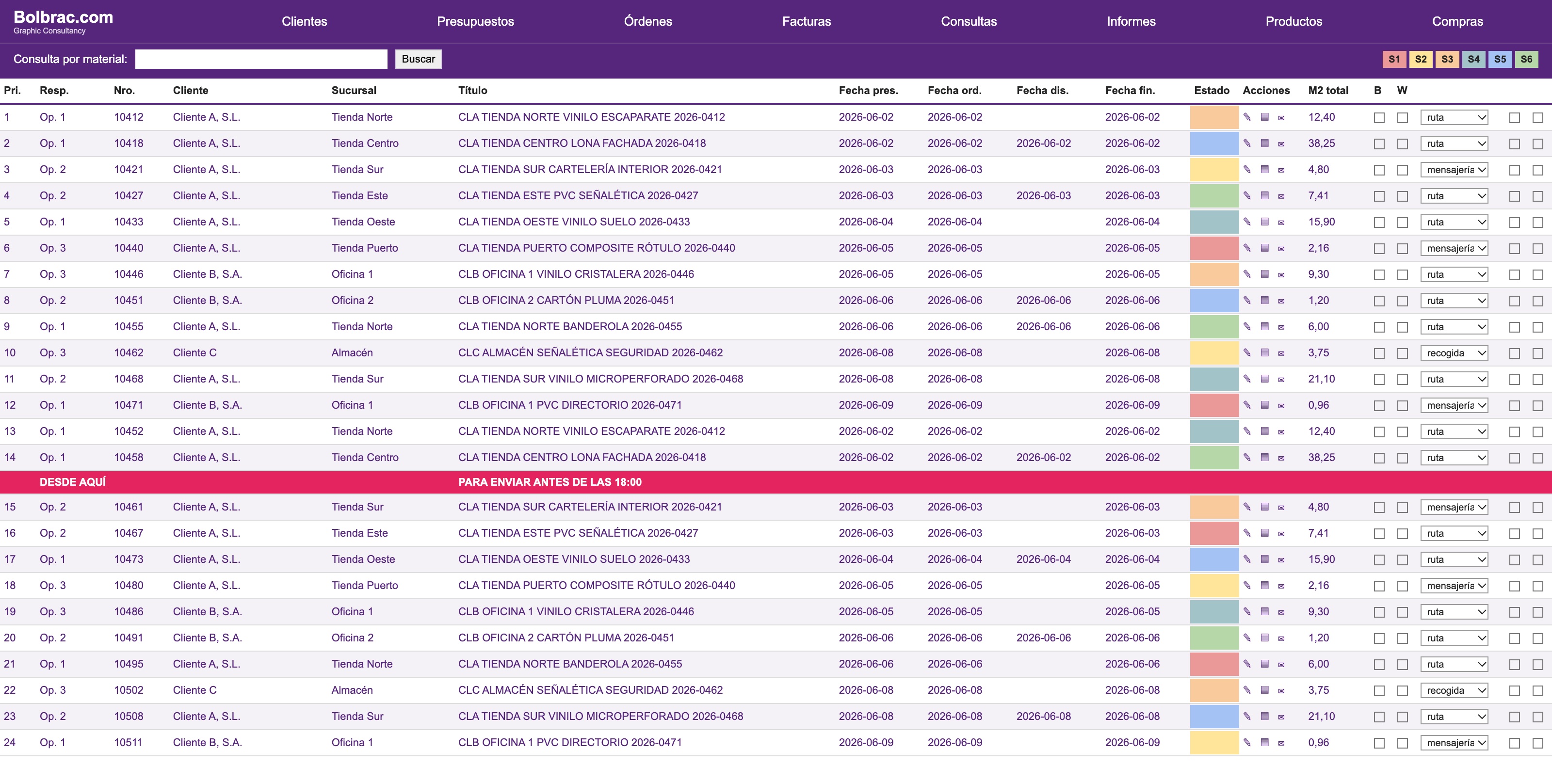 Order manager before the design system: white text on purple, dense table (recreated with invented data)